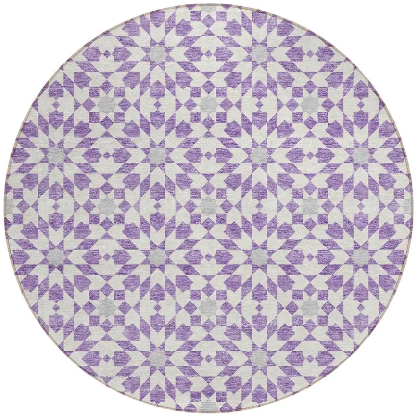 8' Lavender Purple And Ivory Round Floral Medallion Washable Indoor Outdoor Area Rug Photo 6