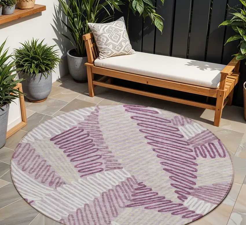 8' Lavender Purple And Ivory Round Floral Washable Indoor Outdoor Area Rug Photo 1