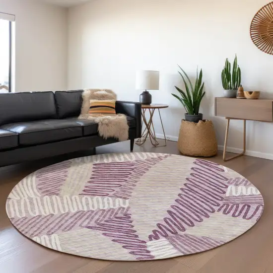 8' Lavender Purple And Ivory Round Floral Washable Indoor Outdoor Area Rug Photo 8