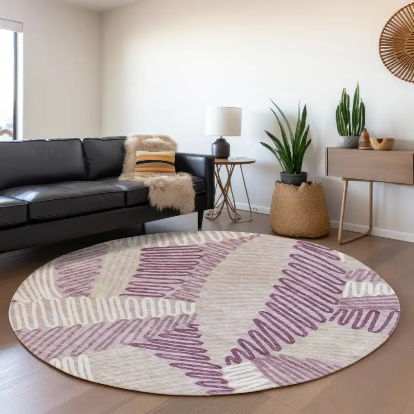 8' Lavender Purple And Ivory Round Floral Washable Indoor Outdoor Area Rug Photo 8