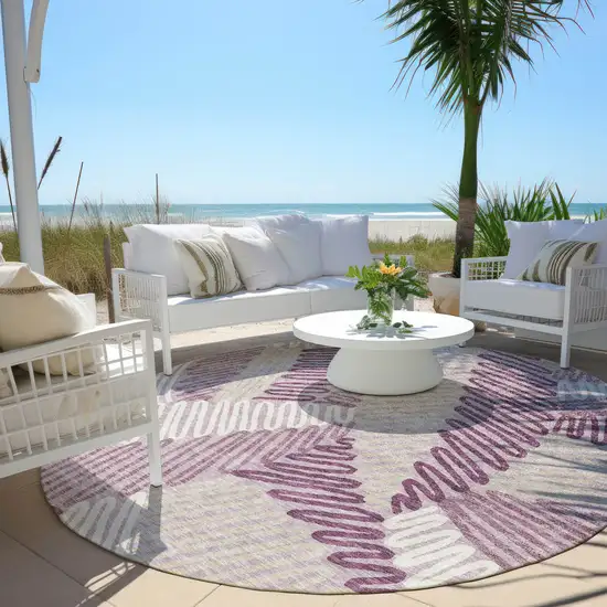 8' Lavender Purple And Ivory Round Floral Washable Indoor Outdoor Area Rug Photo 7