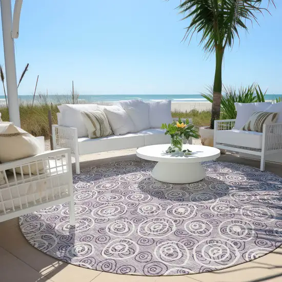 8' Lavender Purple And Ivory Round Geometric Washable Indoor Outdoor Area Rug Photo 6