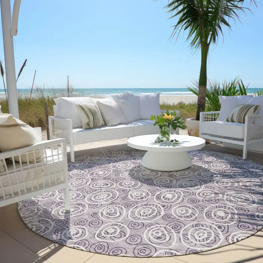 8' Lavender Purple And Ivory Round Geometric Washable Indoor Outdoor Area Rug Photo 6