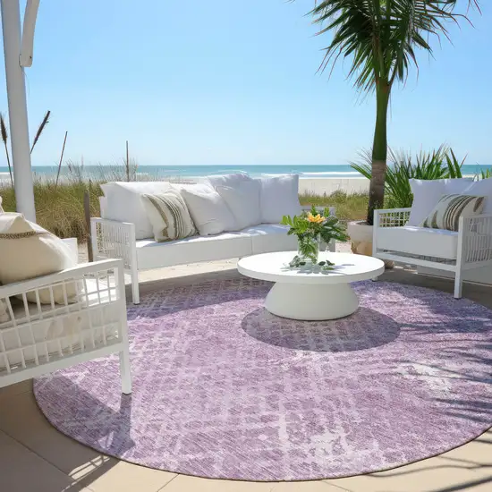8' Lavender Purple And Ivory Round Geometric Washable Indoor Outdoor Area Rug Photo 6