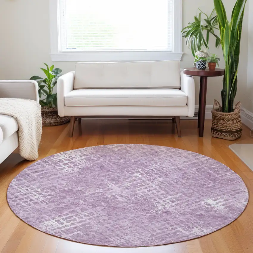 8' Lavender Purple And Ivory Round Geometric Washable Indoor Outdoor Area Rug Photo 7