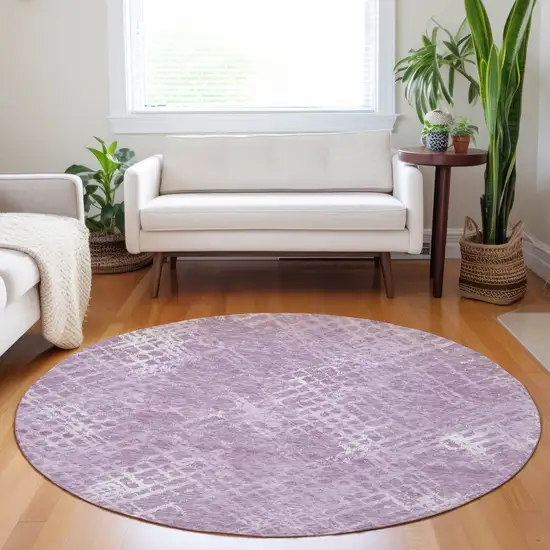 8' Lavender Purple And Ivory Round Geometric Washable Indoor Outdoor Area Rug Photo 7