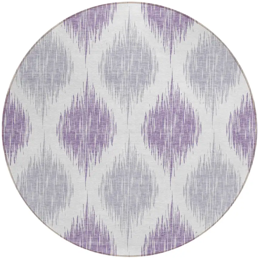8' Lavender Purple And Ivory Round Ikat Washable Indoor Outdoor Area Rug Photo 2