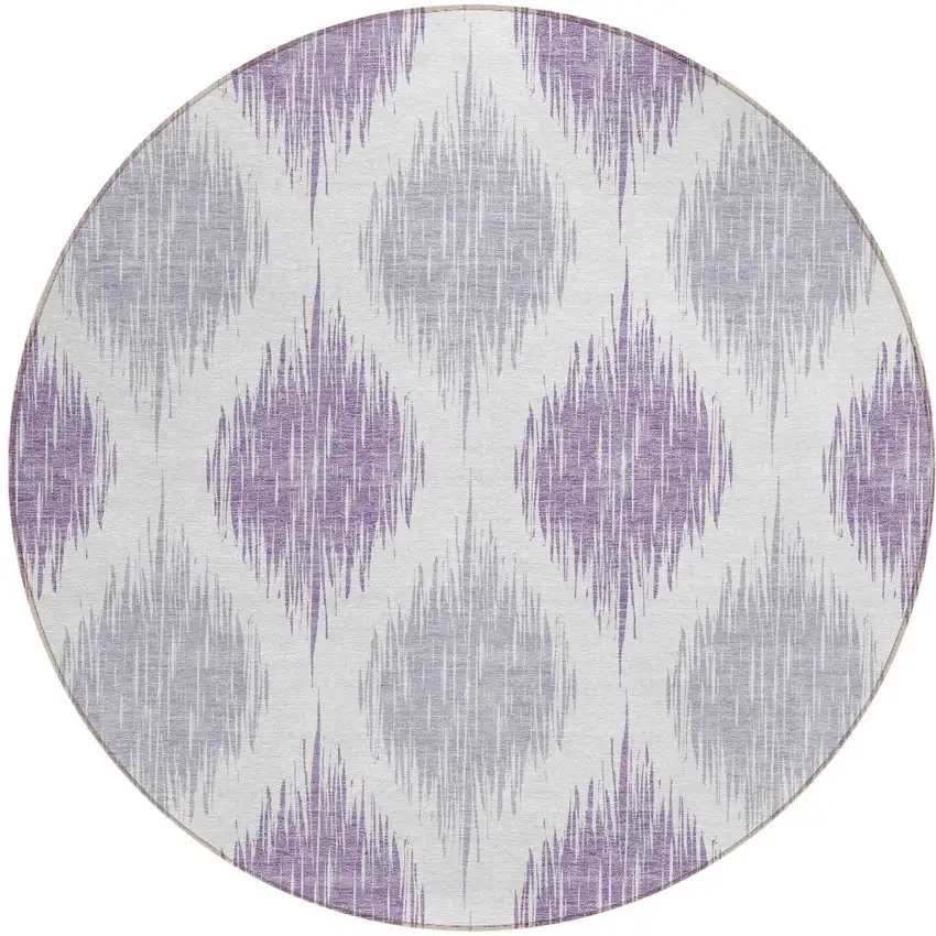 8' Lavender Purple And Ivory Round Ikat Washable Indoor Outdoor Area Rug Photo 5