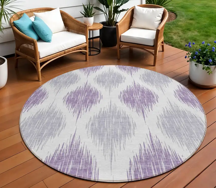 8' Lavender Purple And Ivory Round Ikat Washable Indoor Outdoor Area Rug Photo 1