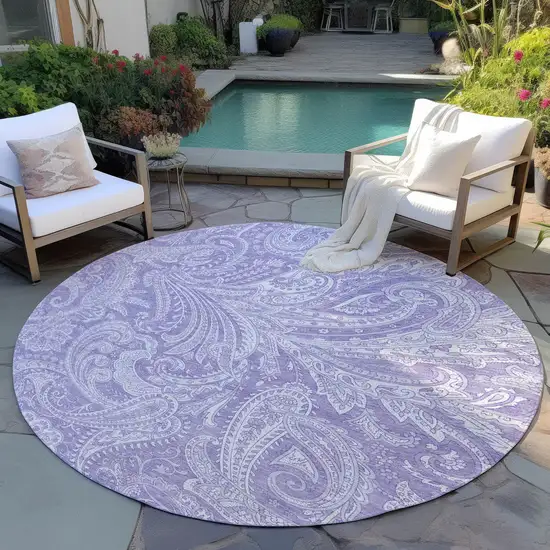 8' Lavender Purple And Ivory Round Paisley Washable Indoor Outdoor Area Rug Photo 7