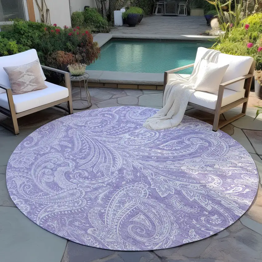 8' Lavender Purple And Ivory Round Paisley Washable Indoor Outdoor Area Rug Photo 7