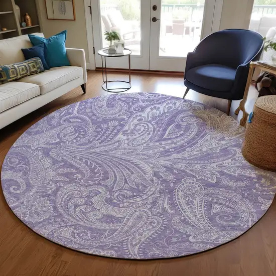 8' Lavender Purple And Ivory Round Paisley Washable Indoor Outdoor Area Rug Photo 8