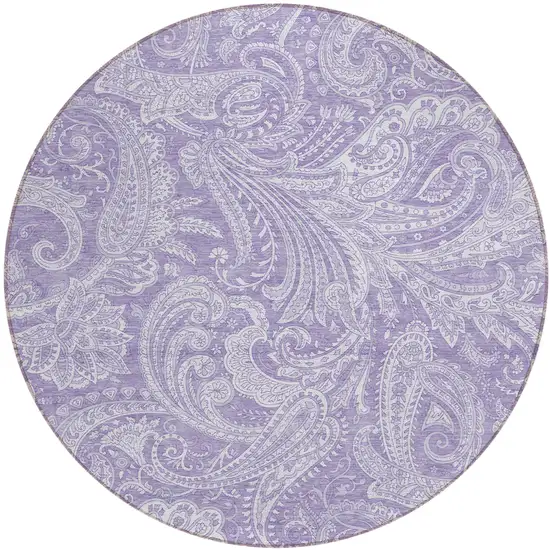 8' Lavender Purple And Ivory Round Paisley Washable Indoor Outdoor Area Rug Photo 2