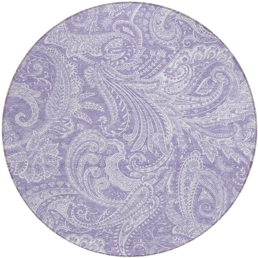 8' Lavender Purple And Ivory Round Paisley Washable Indoor Outdoor Area Rug Photo 2