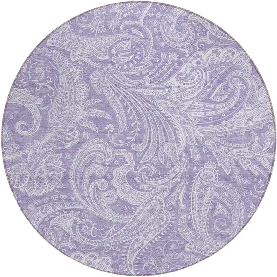 8' Lavender Purple And Ivory Round Paisley Washable Indoor Outdoor Area Rug Photo 2