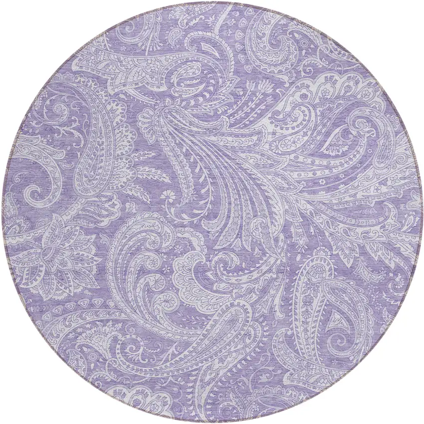 8' Lavender Purple And Ivory Round Paisley Washable Indoor Outdoor Area Rug Photo 2