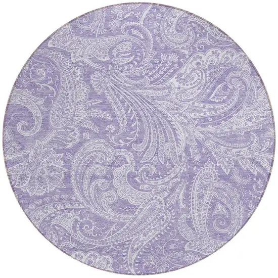 8' Lavender Purple And Ivory Round Paisley Washable Indoor Outdoor Area Rug Photo 6