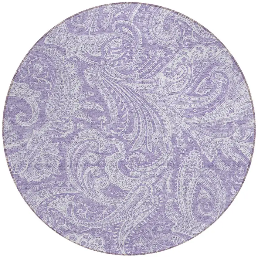 8' Lavender Purple And Ivory Round Paisley Washable Indoor Outdoor Area Rug Photo 6