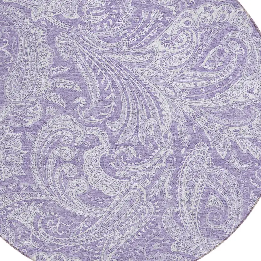8' Lavender Purple And Ivory Round Paisley Washable Indoor Outdoor Area Rug Photo 5