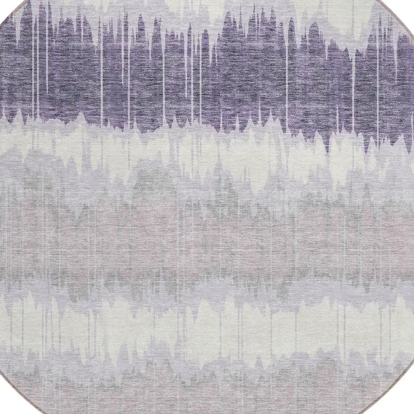 8' Lavender Purple And Ivory Round Striped Washable Indoor Outdoor Area Rug Photo 4
