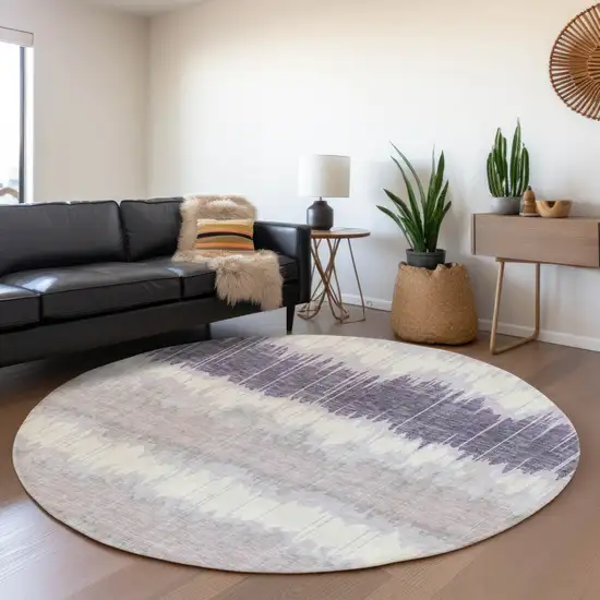 8' Lavender Purple And Ivory Round Striped Washable Indoor Outdoor Area Rug Photo 7