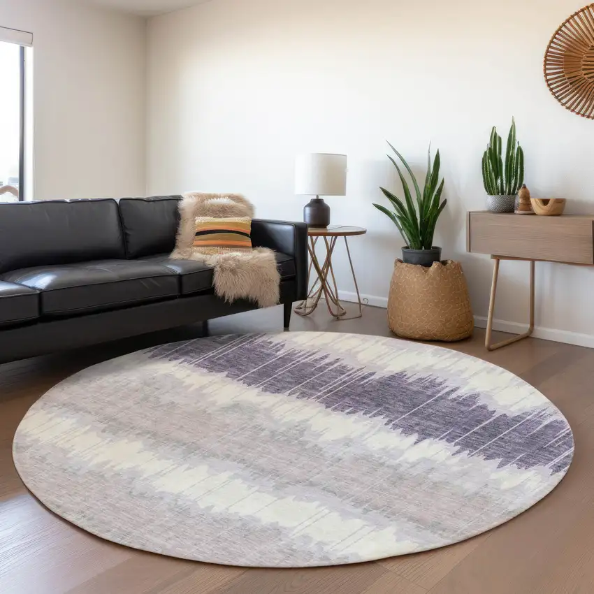 8' Lavender Purple And Ivory Round Striped Washable Indoor Outdoor Area Rug Photo 7
