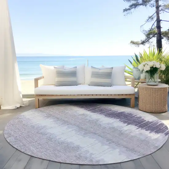 8' Lavender Purple And Ivory Round Striped Washable Indoor Outdoor Area Rug Photo 6