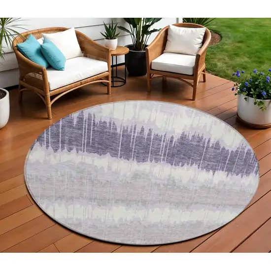 8' Lavender Purple And Ivory Round Striped Washable Indoor Outdoor Area Rug Photo 1