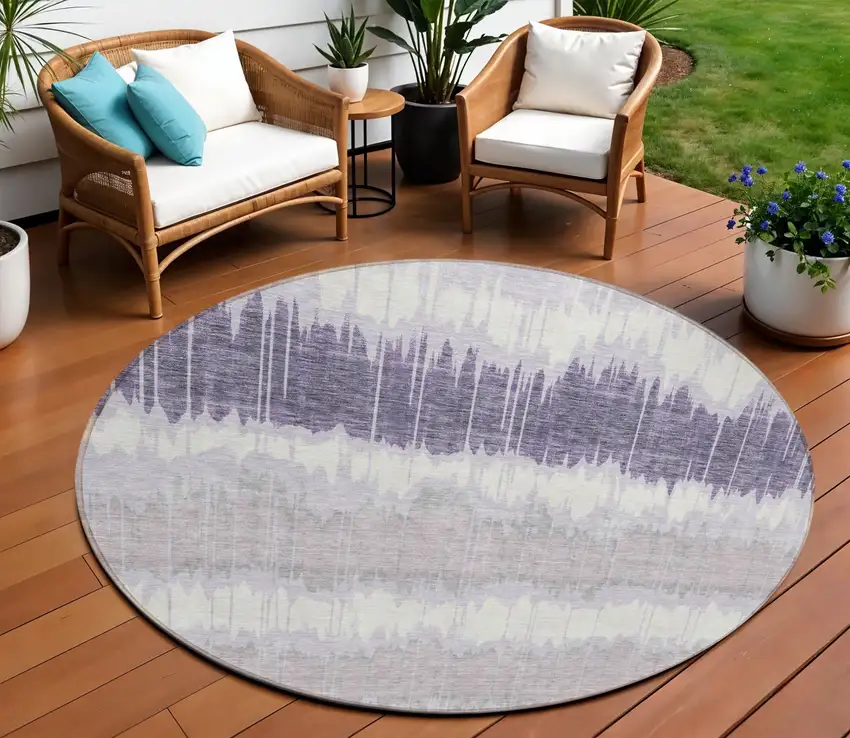 8' Lavender Purple And Ivory Round Striped Washable Indoor Outdoor Area Rug Photo 1