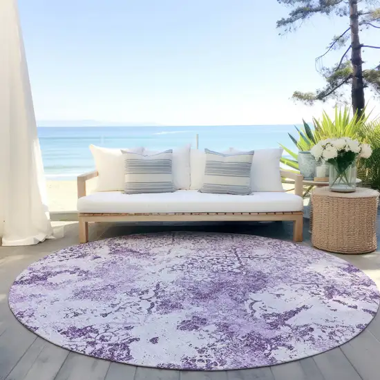 8' Lavender Purple And Lilac Round Floral Washable Indoor Outdoor Area Rug Photo 6