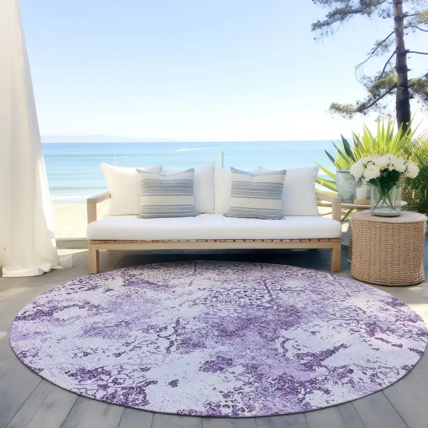 8' Lavender Purple And Lilac Round Floral Washable Indoor Outdoor Area Rug Photo 6