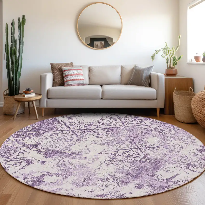 8' Lavender Purple And Lilac Round Floral Washable Indoor Outdoor Area Rug Photo 7