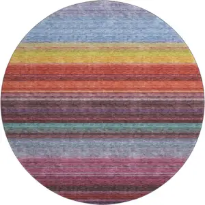 Photo of 8' Lavender Red And Orange Striped Washable Round Rug With UV Protection