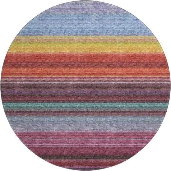 8' Lavender Red And Orange Striped Washable Round Rug With UV Protection Photo 1