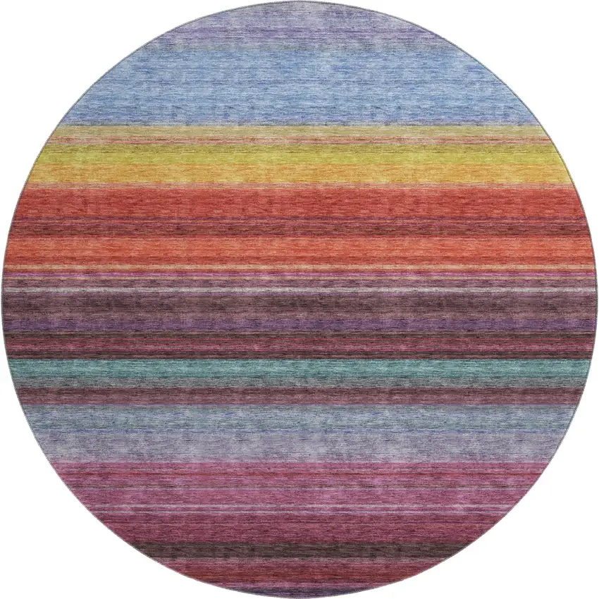 8' Lavender Red And Orange Striped Washable Round Rug With UV Protection Photo 1