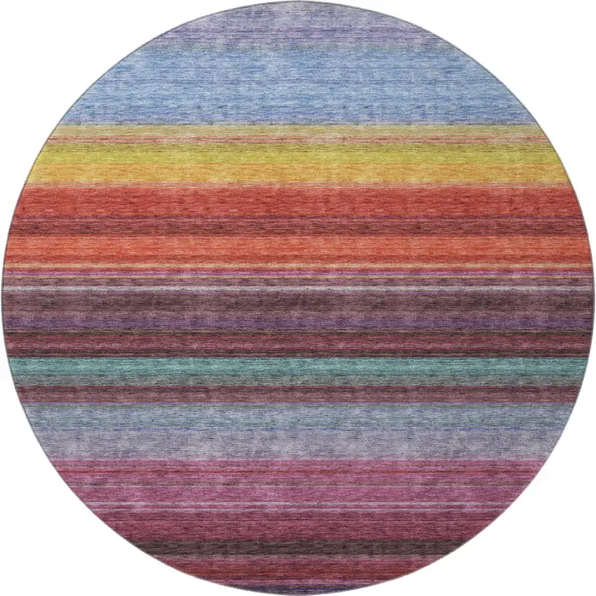 8' Lavender Red And Orange Striped Washable Round Rug With UV Protection Photo 3