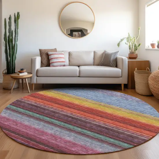 8' Lavender Red And Orange Striped Washable Round Rug With UV Protection Photo 4