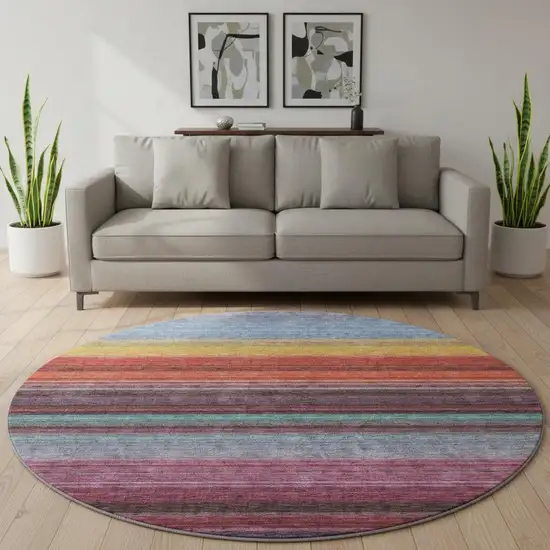 8' Lavender Red And Orange Striped Washable Round Rug With UV Protection Photo 2