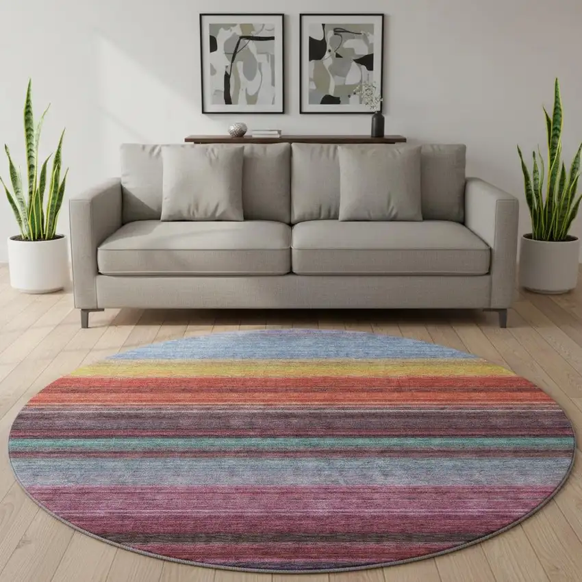 8' Lavender Red And Orange Striped Washable Round Rug With UV Protection Photo 2