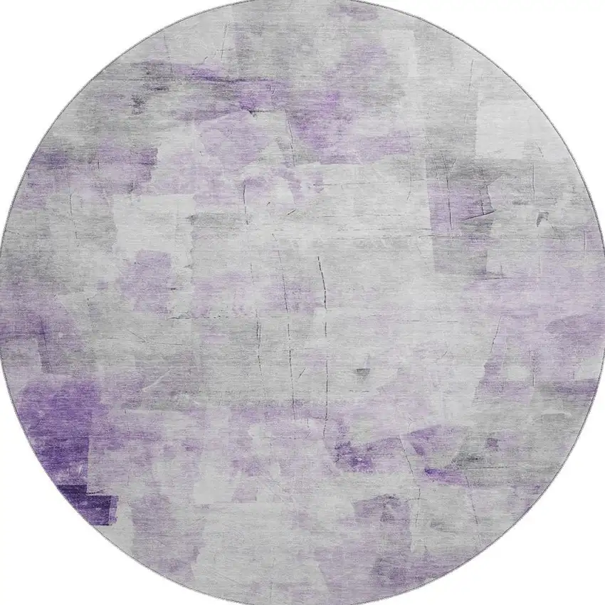 8' Lavender Silver And Gray Abstract Washable Round Rug With UV Protection Photo 2