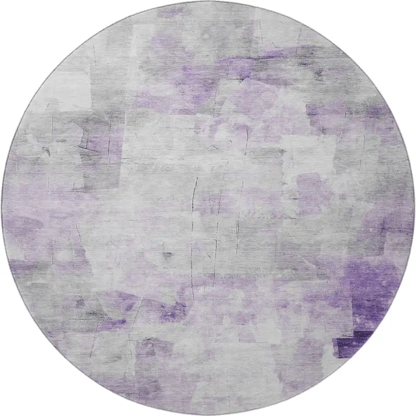 8' Lavender Silver And Gray Abstract Washable Round Rug With UV Protection Photo 3