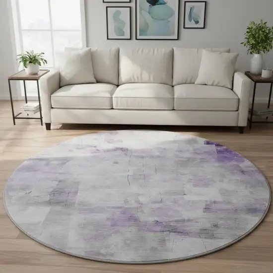 8' Lavender Silver And Gray Abstract Washable Round Rug With UV Protection Photo 2