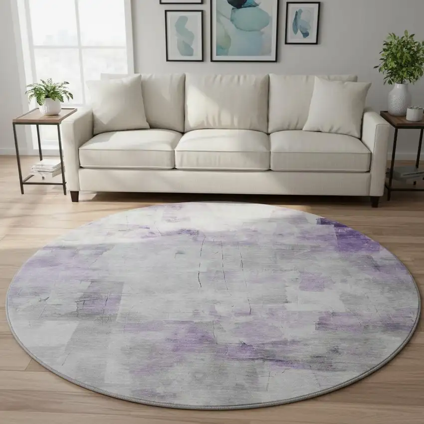 8' Lavender Silver And Gray Abstract Washable Round Rug With UV Protection Photo 2