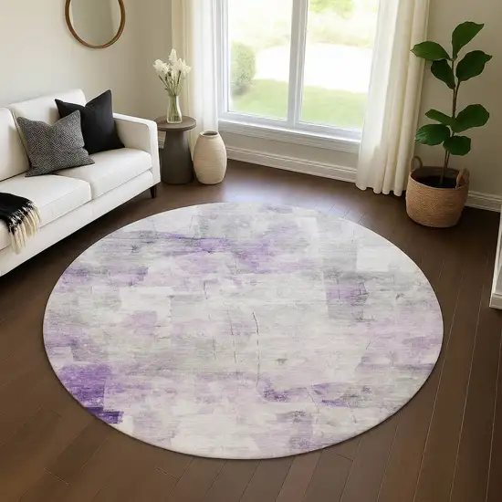 8' Lavender Silver And Gray Abstract Washable Round Rug With UV Protection Photo 4