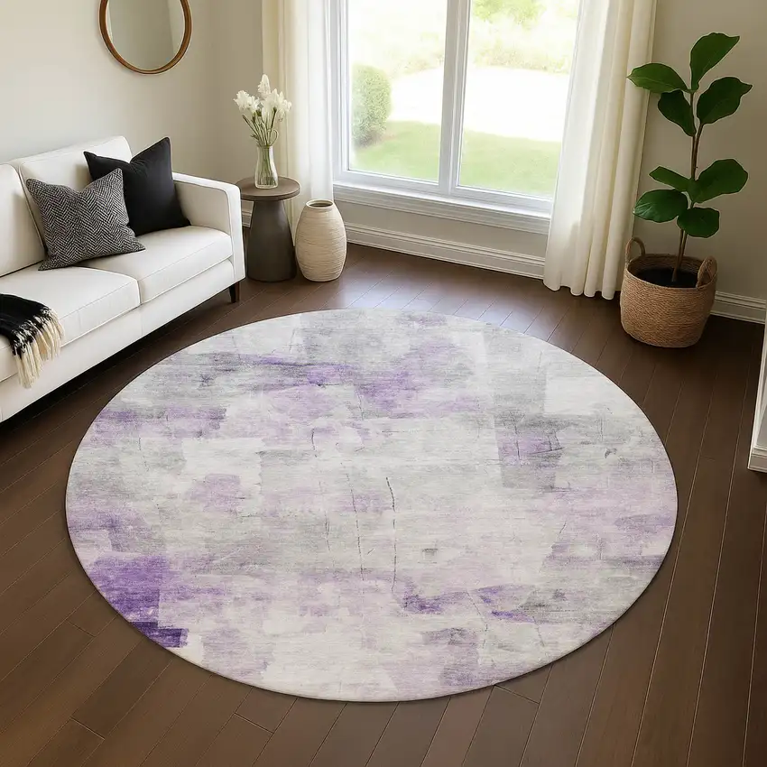 8' Lavender Silver And Gray Abstract Washable Round Rug With UV Protection Photo 4