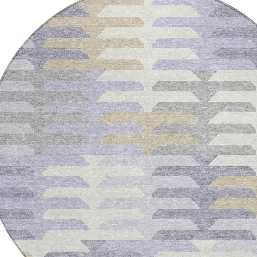 8' Lavender Silver And Gray Round Geometric Washable Indoor Outdoor Area Rug Photo 4