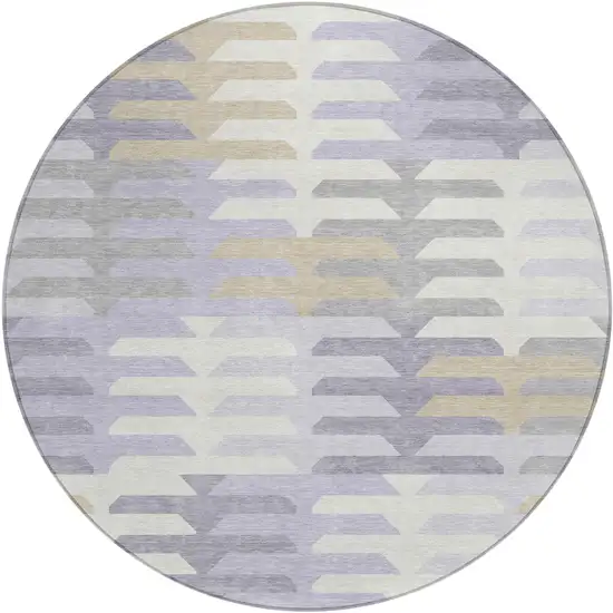 8' Lavender Silver And Gray Round Geometric Washable Indoor Outdoor Area Rug Photo 1