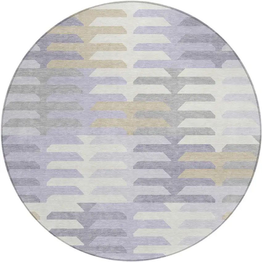 8' Lavender Silver And Gray Round Geometric Washable Indoor Outdoor Area Rug Photo 1