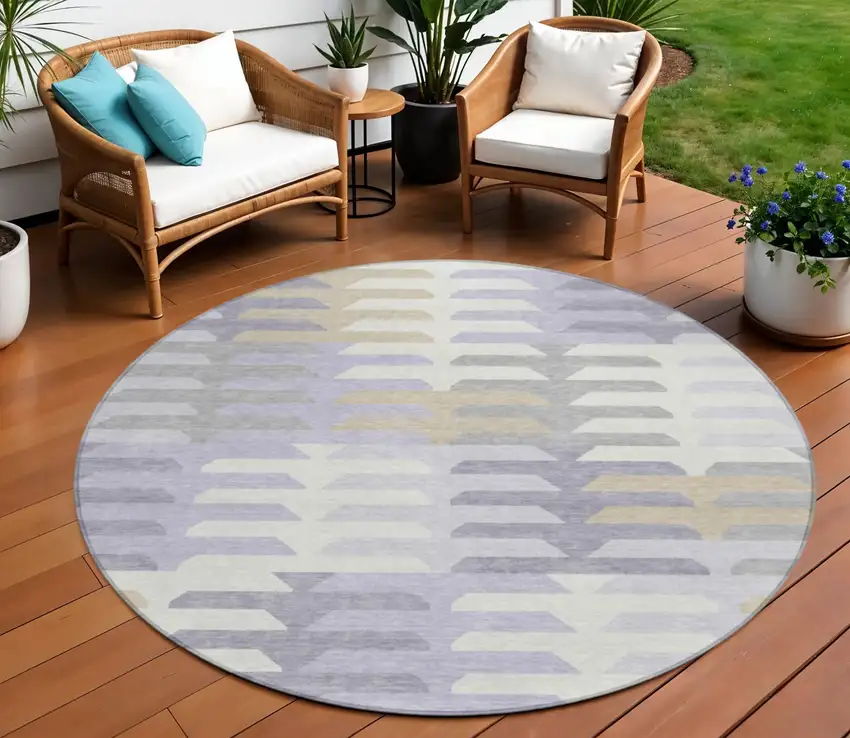8' Lavender Silver And Gray Round Geometric Washable Indoor Outdoor Area Rug Photo 2