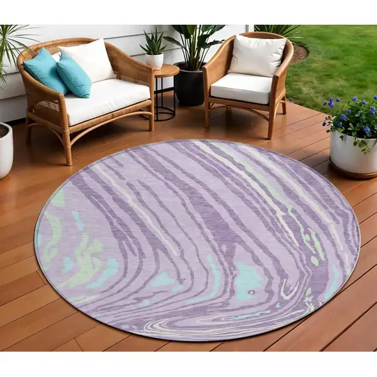 8' Lavender Sky Blue And Ivory Round Abstract Washable Indoor Outdoor Area Rug Photo 1